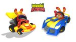  ambiguous_gender anthro armor black_nose blue_eyes clothing driving ear_markings fangs fur headgear helmet hi_res jumpsuit kart katsuma katsuma_(species) logo long_ears mammal meelis_silem monster_(moshi_monsters) moshi_monsters official_art on_model orange_body orange_fur smile solo steering_wheel teeth tire toony vehicle 