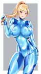  1girl blonde_hair blue_eyes blush breasts covered_navel grin hand_on_own_hip highres large_breasts looking_at_viewer metroid ponytail samus_aran shiny_clothes skin_tight smile solo volyz zero_suit 