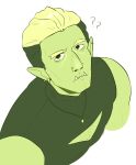  blonde_hair cleavage_cutout clothed clothing drawfee_(copyright) drawtectives ear_piercing facial_piercing green_body green_skin gyorik_rogdul hair hi_res humanoid humanoid_pointy_ears jewelry male necklace nose_piercing orc piercing shirt solo topwear underbite zestoflemon 