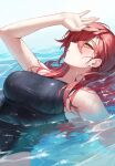  1girl afloat arm_up bare_shoulders blush breasts commentary_request hair_between_eyes highres large_breasts long_hair looking_up lying maenoo on_back one-piece_swimsuit original partially_submerged red_hair solo swimsuit water wet yellow_eyes 