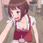  1girl andrian_januar_adilia apron blue_eyes breasts brown_hair collarbone downblouse drink flying_sweatdrops food french_fries highres medium_breasts mole mole_on_breast open_mouth original red_apron shirt short_hair short_sleeves solo sweat teeth upper_body upper_teeth_only wavy_mouth white_shirt 