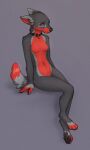  2023 anthro black_body black_fur black_nose breasts canid canine collar collar_only digital_media_(artwork) dipstick_ears female fur grey_body grey_fur hi_res mammal multicolored_ears navel nude red_body red_fur simple_background sitting solo yshanii 