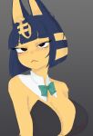  :&lt; animal_crossing ankha_(animal_crossing) anthro big_breasts blue_hair bob_cut bow_tie breasts cleavage clothed clothing domestic_cat felid feline felis female fur grey_background hair hi_res kiki1041101 mammal nintendo parted_lips portrait pupils red_pupils shirt_collar short_hair simple_background smile solo upper_body uraeus yellow_body yellow_fur 