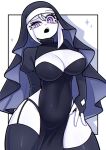  big_breasts breasts cleavage_cutout clothing disgust fan_character female fingerless_gloves garter_straps gloves hair handwear hi_res humanoid invalid_tag legwear nun open_mouth pale_skin purple_eyes solo thigh_highs v veil white_hair yume_0534 