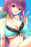  1girl bikini blue_sky blush breasts cleavage commentary_request day fate/grand_order fate_(series) green_bikini green_scrunchie hair_between_eyes hair_ornament hair_scrunchie highres large_breasts long_hair looking_at_viewer low_ponytail official_alternate_costume outdoors purple_hair red_eyes scathach_(fate) scathach_skadi_(fate) scathach_skadi_(swimsuit_ruler)_(fate) scathach_skadi_(swimsuit_ruler)_(final_ascension)_(fate) scrunchie sky smile solo swimsuit translation_request vent_vert_(kuuya) very_long_hair w 