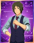  1boy brown_hair buttons clenched_hands collared_shirt enjoji_michiru green_eyes idolmaster idolmaster_side-m idolmaster_side-m_growing_stars looking_at_viewer male_focus necktie official_art shirt sleeves_rolled_up solo 