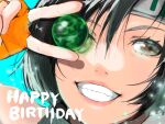  1girl black_hair brown_eyes close-up commentary_request crazy02oekaki final_fantasy final_fantasy_vii fingerless_gloves gloves green_sweater grin hair_between_eyes hand_up happy_birthday headband holding looking_at_viewer materia one_eye_closed orange_gloves partial_commentary portrait short_hair single_bare_shoulder sleeveless sleeveless_turtleneck smile solo sweater teeth turtleneck turtleneck_sweater upper_body v yuffie_kisaragi 