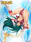  1girl artist_name ass belt belt_removed bikini bikini_bottom_only blue_eyes boots breasts cleavage copyright_name falling gloves green_hair highres knee_boots kneepits legs long_hair looking_at_viewer no_bra one_eye_closed open_mouth red_bikini red_shirt reika_(time_gal) retorabi00 shirt smile solo spread_legs swimsuit thighs time_gal underboob upside-down v white_footwear white_gloves 