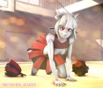  3d_(artwork) all_fours anthro bovid breasts caprine cheerleader_outfit clothed clothing convent_of_hell demon digital_media_(artwork) female fur goat gym hair helltaker hi_res horn ik_related looking_at_viewer lucifer lucifer_(helltaker) mammal not_furry red_eyes satan small_breasts smug solo source_filmmaker white_body white_fur white_hair 