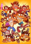  absurdres artist_name brown_gloves clenched_hand crash_bandicoot crash_bandicoot_(series) crystal fingerless_gloves gloves green_eyes grin highres luchosfactory multiple_persona one_eye_closed red_footwear shoes shorts signature smile teeth thumbs_up tongue tongue_out watermark 