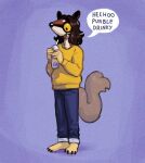  2023 ambiguous_gender anthro barefoot beverage bottomwear clothed clothing container cup dasyuromorph disposable_cup feet fur grimace_birthday_shake hadmyway hadmyway_(fursona) hair happy hi_res mammal marsupial meme multicolored_body multicolored_fur nonbinary_(lore) numbat open_mouth pants paws pose shake short_hair simple_background solo straw sweater topwear yellow_sclera 