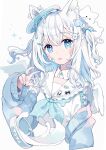  +_+ 1girl animal_ear_fluff animal_ears bandaid bandaid_on_arm blue_cardigan blue_eyes blue_hair blue_neckerchief blush_stickers cardigan chon_(chon33v) closed_mouth commentary_request cropped_torso freckles frilled_sailor_collar frills hand_up highres long_hair long_sleeves looking_at_viewer mini_wings multicolored_hair neckerchief off_shoulder open_cardigan open_clothes original puffy_long_sleeves puffy_sleeves sailor_collar school_uniform serafuku shirt simple_background sleeves_past_wrists solo tongue tongue_out two-tone_hair upper_body v white_background white_hair white_sailor_collar white_shirt white_wings wings 