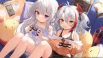 2girls absurdres azur_lane bare_legs bare_shoulders chips_(food) closed_mouth cola collarbone commentary controller copyright_name dualshock english_commentary feet_out_of_frame food food_in_mouth game_controller gamepad grey_hair headgear highres holding holding_controller holding_game_controller knees_up little_enterprise_(azur_lane) little_prinz_eugen_(azur_lane) long_hair manjuu_(azur_lane) mouth_hold multicolored_hair multiple_girls nahaki off_shoulder official_art playing_games playstation_controller potato_chips purple_eyes red_hair second-party_source sitting streaked_hair twintails yellow_eyes 