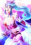  1girl absurdres armpits bare_shoulders belt blue_eyes blue_hair boots breasts cleavage fire_emblem gloves hair_between_eyes highres large_breasts long_hair midriff midriff_peek navel open_mouth oribe_tsubasa ponytail revision shorts smile solo thigh_boots to_(tototo_tk) tokyo_mirage_sessions_fe very_long_hair 