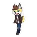  1:1 anthro blue_bottomwear blue_clothing blue_collar blue_pants bottomwear brown_clothing brown_hair brown_jacket brown_topwear canid clothed clothing collar denim denim_clothing full-length_portrait fur glistening glistening_eyes green_eyes hair hi_res inner_ear_fluff jacket jeans kuttoyaki male mammal multicolored_hair open_mouth open_smile pants portrait red_hair short_hair simple_background smile solo standing topwear tuft two_tone_hair white_background white_body white_clothing white_fur white_inner_ear_fluff white_topwear yellow_body yellow_fur 