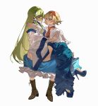  2girls absurdres alice_margatroid armpit_peek blonde_hair blue_dress blue_eyes blue_footwear detached_sleeves dress frog_hair_ornament green_hair hair_ornament high_heels highres kaoru_(alicemakoto) kochiya_sanae long_hair looking_at_another multiple_girls nontraditional_miko short_hair sitting sitting_on_person touhou white_background white_sleeves 