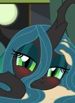  absurd_res badumsquish blush cuddling eyeshadow first_person_view friendship_is_magic full_moon green_eyes green_eyeshadow green_hair hair hasbro hi_res hole_(anatomy) human looking_at_viewer makeup male male_pov mammal moon my_little_pony petting_head pupils queen_chrysalis_(mlp) slit_pupils window 