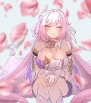  1girl absurdly_long_hair anniversary bare_shoulders blue_background blurry blurry_foreground breasts cleavage closed_mouth dmr_pic dress elysia_(herrscher_of_human:ego)_(honkai_impact) elysia_(honkai_impact) english_text gloves hair_ornament highres honkai_(series) honkai_impact_3rd large_breasts long_hair looking_at_viewer petals pink_eyes pink_hair smile solo squatting very_long_hair white_dress white_gloves 