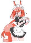  1girl alternate_costume animal_ears apron arknights black_dress blush breasts cleavage commentary cropped_legs dress enmaided flametail_(arknights) heart heart_hands long_hair looking_at_viewer maid maid_headdress medium_breasts nikukabe one_eye_closed open_mouth ponytail red_eyes red_hair simple_background sketch solo squirrel_ears squirrel_girl squirrel_tail tail waist_apron white_apron white_background white_wrist_cuffs wrist_cuffs 