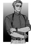  1boy belt collared_shirt greyscale highres jujutsu_kaisen long_sleeves looking_at_viewer male_focus monochrome nanami_kento red_eyes rolling_sleeves_up shirt short_hair sleeves_rolled_up solo spot_color standing suspenders upper_body watch yuu_(1969loy) 