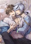  2boys abs absurdres bishounen black_hair black_pants blade_(nu_carnival) brown_eyes brown_hair eiden_(nu_carnival) grabbing grey_eyes grey_hair hair_over_eyes highres hug hug_from_behind long_sleeves looking_at_another male_focus multicolored_hair multiple_boys nanin navel nu_carnival off_shoulder open_mouth pants pectoral_grab sharp_teeth short_hair silver_nails smile streaked_hair teeth yaoi 