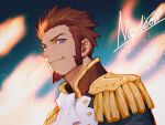  1boy absurdres blue_eyes brown_hair closed_mouth epaulettes facial_hair fate/grand_order fate_(series) goatee highres long_sideburns long_sleeves looking_to_the_side male_focus military military_uniform napoleon_bonaparte_(fate) nunok short_hair sideburns smile solo uniform upper_body 