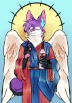  2023 alcohol anthro beverage clothed clothing digital_media_(artwork) eyes_closed fully_clothed fur hair parody purple_body purple_fur purple_hair simple_background solo standing 