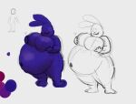  3_toes 4_fingers anthro big_butt blueberry_inflation blush butt expansion feet fingers fur hi_res inflation lagomorph male mammal moobs nervous_smile nude purple_body purple_fur sebastian_(secret-bunny) secret-bunny solo thick_thighs toes 