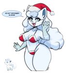  2023 alolan_form alolan_vulpix anthro bikini blue_eyes breasts christmas christmas_bikini christmas_clothing christmas_headwear clothing dialogue eyebrows eyelashes female fur gloves_(marking) hair hat headgear headwear hi_res holidays i_am_kat95 looking_at_viewer markings nintendo open_mouth open_smile pokemon pokemon_(species) regional_form_(pokemon) santa_hat simple_background smile solo swimwear white_background white_body white_fur white_hair 