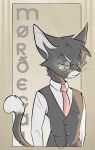  anthro black_body black_fur clothed clothing colored domestic_cat eyewear felid feline felis formal_wear fur glasses green_eyes hi_res inner_ear_fluff kifyun2 lackadaisy male mammal mordecai_heller necktie shirt simple_background solo standing text topwear tuft vest webcomic whiskers 