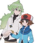  2boys black_eyes blue_jacket brown_eyes brown_hair closed_mouth collared_shirt green_hair hair_between_eyes hand_in_pocket hat highres hilbert_(pokemon) holding_hands jacket jewelry long_hair long_sleeves male_focus multiple_boys n_(pokemon) necklace pants poke_ball_print pokemon pokemon_(game) pokemon_bw red_headwear sana_(37pisana) shirt short_hair smile undershirt white_shirt wristband 