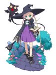  1girl alternate_costume blonde_hair blue_eyes book boots cat closed_mouth dress fangs flower full_body hair_ribbon hat highres holding holding_book holding_staff kill_me_baby long_hair long_sleeves looking_at_viewer mushroom purple_dress purple_ribbon ribbon rock simple_background skull solo sonya_(kill_me_baby) staff standing tree very_long_hair white_background witch_hat yachima_tana 