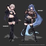  2girls alternate_costume azur_lane bag boots character_name criss-cross_halter fishnet_top fishnets fukai_ryosuke full_body halterneck handbag high_heel_boots high_heels jacket looking_at_viewer midriff miniskirt multiple_girls navel new_jersey_(azur_lane) official_art promotional_art side_slit skirt thigh_boots washington_(azur_lane) zozotown 