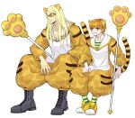  1boy 1girl animal_ears black_footwear blonde_hair boots closed_mouth cosplay extra_ears fate/grand_order fate_(series) fujimura_taiga full_body grin highres invisible_chair jaguarman_(fate) jaguarman_(fate)_(cosplay) long_hair looking_away orange_eyes orange_hair paw_stick ria_(ria89921957) shirt shoes short_hair simple_background sitting smile sneakers socks staff striped striped_shirt striped_socks sunglasses tail tezcatlipoca_(fate) tiger_ears tiger_tail white_background yellow_footwear 