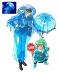  absurdres bag blonde_hair blue_raincoat blue_shirt commentary hat highres holding holding_umbrella jellyfish kindergarten_bag kindergarten_uniform necktie original photo-referenced police police_badge police_hat police_uniform policewoman raincoat ramon_nunez road_sign school_hat shirt sign stop_sign symbol-only_commentary transparent transparent_raincoat transparent_umbrella umbrella uniform whistle white_background yellow_headwear 