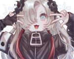  1girl :3 absurdres asymmetrical_sleeves black_coat black_flower blue_eyes character_name coat double_w fangs fingerless_gloves flower flower_(symbol) gloves grey_hair hair_flower hair_ornament hair_over_one_eye high_collar highres isekai_joucho kamitsubaki_studio long_hair looking_at_viewer multicolored_hair open_mouth red_hair ria_(rian_0210) romaji_text short_eyebrows sidelocks simple_background single_fingerless_glove solo sparkle streaked_hair uneven_sleeves upper_body v-shaped_eyebrows w w_over_eye wavy_hair white_background zipper zipper_pull_tab 