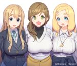  3girls arms_behind_back black_shirt blonde_hair blue_eyes blue_ribbon blue_skirt blue_sweater blush breasts brown_hair collar commentary crossover fang flower green_eyes hair_between_eyes hair_flower hair_ornament indie_virtual_youtuber inuyama_aoi jewelry k-on! kotobuki_tsumugi lapels large_breasts long_hair long_sleeves looking_at_viewer medium_hair multiple_girls necklace notched_lapels open_mouth ribbon school_uniform shinonome_megu shirt sidelocks simple_background skirt standing straight_hair sweater symbol-only_commentary thick_eyebrows twitter_username white_background white_shirt yellow_skirt yoshiwa_tomo yurucamp 