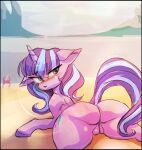  beach blush bottomwear butt clothing equid equine female feral friendship_is_magic genitals hair hasbro hi_res hooves horn horse looking_at_viewer looking_back lying mammal multicolored_hair my_little_pony on_back pants pony purple_eyes pussy raised_tail sea seaside smile solo starlight_glimmer_(mlp) tail unicorn water woofmaple 