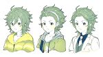  3boys ahoge alternate_hairstyle b4_bababibe formal green_eyes green_shirt hairband highres hood hoodie idolmaster idolmaster_side-m looking_at_viewer male_focus mitarai_shouta multiple_boys necktie pajamas shirt upper_body white_background white_hairband white_necktie 