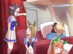  4girls airplane_interior anikinoihai893 animal_ears blanket bow bowtie brown_hair closed_eyes commando_(movie) domino_mask ear_bow ear_covers ear_scrunchie el_condor_pasa_(umamusume) frilled_skirt frills grass_wonder_(umamusume) hairband hime_cut horse_ears horse_girl horse_tail horseshoe_ornament long_hair mask multicolored_hair multiple_girls orange_hair parody pillow pleated_skirt ponytail puffy_short_sleeves puffy_sleeves purple_bow purple_bowtie purple_eyes purple_serafuku purple_shirt sailor_collar sailor_shirt scene_reference school_uniform serafuku shirt short_hair short_sleeves silence_suzuka_(umamusume) sitting skirt sleeping special_week_(umamusume) tail thighhighs tracen_school_uniform umamusume white_hair white_hairband white_skirt white_thighhighs 