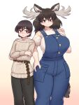  1boy 1girl :3 alternate_breast_size animal_ears blush breasts brown_eyes brown_hair captain_(kemono_friends) closed_mouth cosplay costume_switch crossed_arms curvy feet_out_of_frame gradient_background grey_hair hand_on_own_hip hand_up height_difference highres huge_breasts kemono_friends kemono_friends_3 legs_together long_hair long_sleeves looking_at_viewer mo23 moose_(kemono_friends) moose_ears moose_girl moose_tail multicolored_hair nose_blush overalls pants shirt short_hair short_sleeves smile standing sweater tail two-tone_hair 