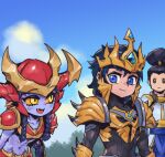  1girl 2boys armor black_bodysuit black_hair blue_eyes blue_skin bodysuit braid breastplate brown_eyes closed_mouth cloud collarbone colored_sclera colored_skin day fang gold_armor helmet jarvan_iv_(league_of_legends) league_of_legends leaning_forward long_hair looking_at_another multiple_boys navel orange_sclera outdoors phantom_ix_row ponytail red_armor shoulder_plates shoulder_spikes shyvana spikes stomach twin_braids upper_body xin_zhao yellow_eyes 
