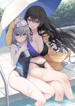 2girls arm_up armband bare_arms bare_shoulders bikini black_bikini black_hair black_one-piece_swimsuit blue_eyes bottle breasts brown_jacket cleavage commentary_request covered_navel day green_eyes grey_hair hair_between_eyes hedge holding holding_bottle holding_umbrella hood hooded_jacket ice_pack jacket large_breasts long_sleeves multiple_girls navel one-piece_swimsuit open_clothes open_jacket original outdoors pool poolside purple_bikini sleeves_past_wrists small_breasts soaking_feet swimsuit tokuno_yuika umbrella water water_bottle white_umbrella 