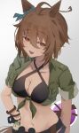  1girl absurdres agnes_tachyon_(lunatic_lab)_(umamusume) agnes_tachyon_(umamusume) ahoge animal_ears bikini black_bikini breast_pocket breasts brown_hair canister cleavage collarbone commentary criss-cross_halter ear_ornament flask gradient_background green_jacket grey_background hair_between_eyes halterneck highres horse_ears horse_girl jacket looking_at_viewer messy_hair midriff navel official_alternate_costume open_mouth pocket red_eyes round-bottom_flask sei_(bigaa) sideways_glance solo summer&#039;s_sunlight_fades_to_blue_(umamusume) swimsuit tail tied_jacket umamusume upper_body 
