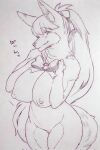  1girl animal_ear_fluff animal_nose body_fur bow breasts commentary_request furry furry_female hair_bow highres large_breasts long_hair looking_at_viewer monochrome nipples original ponytail smile snout solo tail thighs traditional_media tsukareta_san 