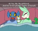  anthro bed bedding big_breasts blanket breasts clothed clothing duo english_text female fish furniture garchomp generation_4_pokemon generation_5_pokemon ginger_(r-mk) huge_breasts humor june_greenfield lying marine nintendo pajamas pillow plushie pokemon pokemon_(species) r-mk reptile scalie serperior shark snake sweater text topwear 