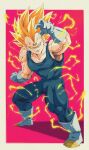  1boy arm_up bare_shoulders biceps blonde_hair blue_bodysuit bodysuit boots border bure_(fantasticyouth7) collarbone dragon_ball dragon_ball_z electricity energy full_body gloves green_eyes highres looking_at_viewer male_focus muscular muscular_male outside_border parted_bangs pectorals red_background shadow simple_background sleeveless sleeveless_bodysuit smile solo spiked_hair standing super_saiyan super_saiyan_1 v-shaped_eyebrows vegeta veins white_border white_footwear white_gloves widow&#039;s_peak 