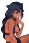  1girl absurdres black_hair braid breasts clenched_teeth collarbone commentary covered_nipples dark-skinned_female dark_skin grin hair_between_eyes hair_flaps halterneck highres jahy jahy-sama_wa_kujikenai! konbu_wakame long_hair looking_at_viewer medium_breasts midriff navel o-ring o-ring_top official_art short_shorts shorts simple_background sitting slit_pupils smile solo teeth v very_long_hair white_background yellow_eyes 