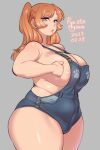  1girl agawa_ryou blonde_hair blue_eyes blue_overalls breasts cowboy_shot dated english_commentary gigantic_breasts medium_hair naked_overalls original overalls paw_print plump sideboob signature simple_background solo thick_thighs thighs twintails 
