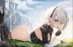  1girl 2b_(nier:automata) ass black_hairband blue_eyes boots breasts clothing_cutout feather-trimmed_sleeves feather_trim gloves hairband highres juliet_sleeves leotard long_sleeves looking_at_viewer medium_breasts mole mole_under_mouth neorarty nier:automata nier_(series) no_blindfold puffy_sleeves short_hair solo teeth thighhighs thighhighs_under_boots thong_leotard tongue tongue_out upper_teeth_only white_hair white_leotard 